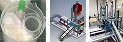Gloves and syringe parts stuffed in a plastic cup; a CAD image of an automated solution; a photo of the last prototype attempt.